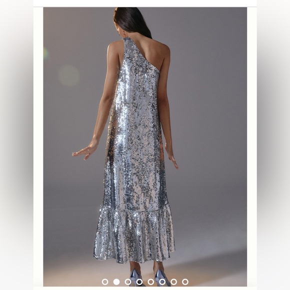 Maeve one shoulder silver sequin midi dress anthropologie - Picture 5 of 14